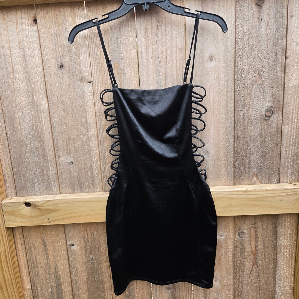 Windsor Black Satin Side Loop Cutout Bodycon Mini Dress NWT Small Coquette *flaw
